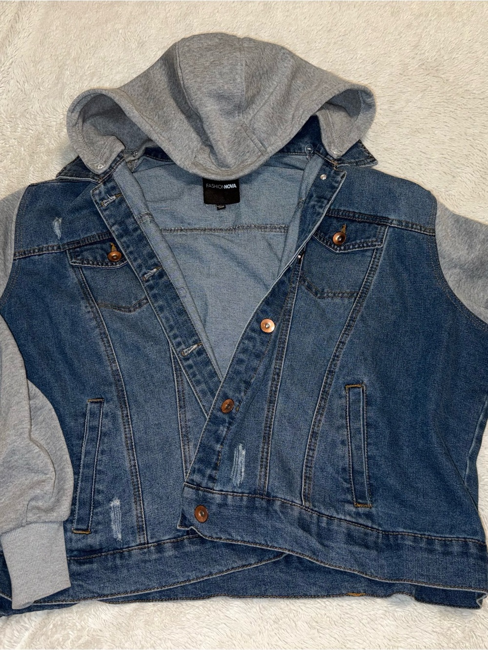 Fashion Nova Womens Blue Denim Jacket with Gray Hood